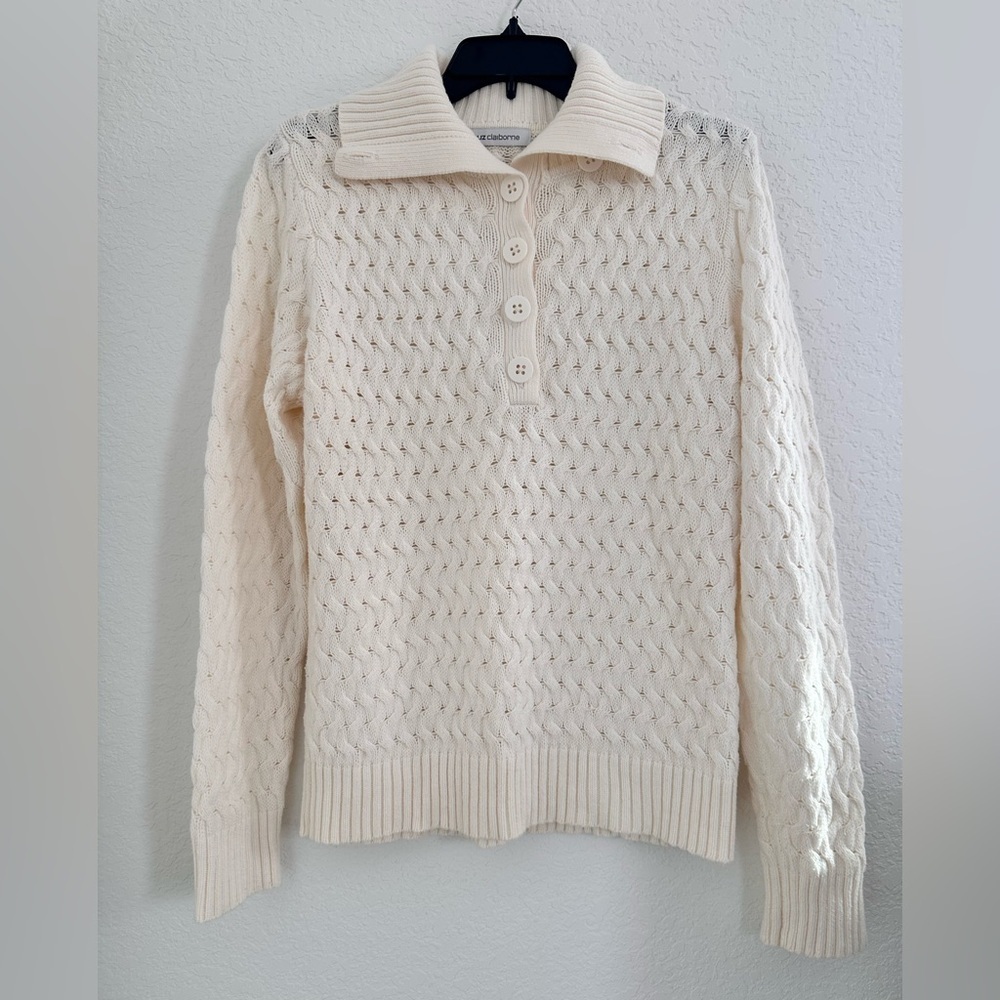 Liz Claiborne Womens Cable Knit Sweater Size‎ L Ivory Cotton Blend Cottagecore